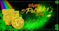 St. PatrickÃ¢â¬â¢s Day Gold Coins Horizontal Social Media Post Message Background Ã¢â¬â End of the Rainbow, Shamrocks and Butterflies Royalty Free Stock Photo